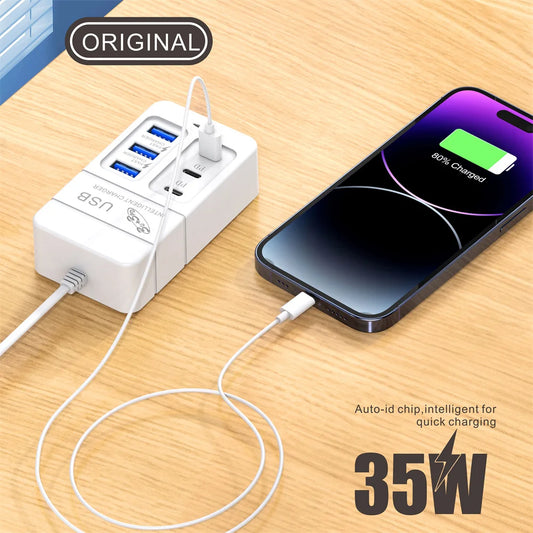 35W Multiport USB Fast Charger PD Type C Fast Charging Mobile Phone Power Charger USB Hub Adapter 6 Port EU US Plug Wall Charger